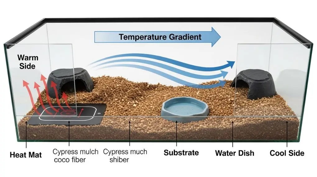 "diagrama de terrário para serpente mostrando lado quente com tapete aquecedor lado frio e gradiente de temperatura"