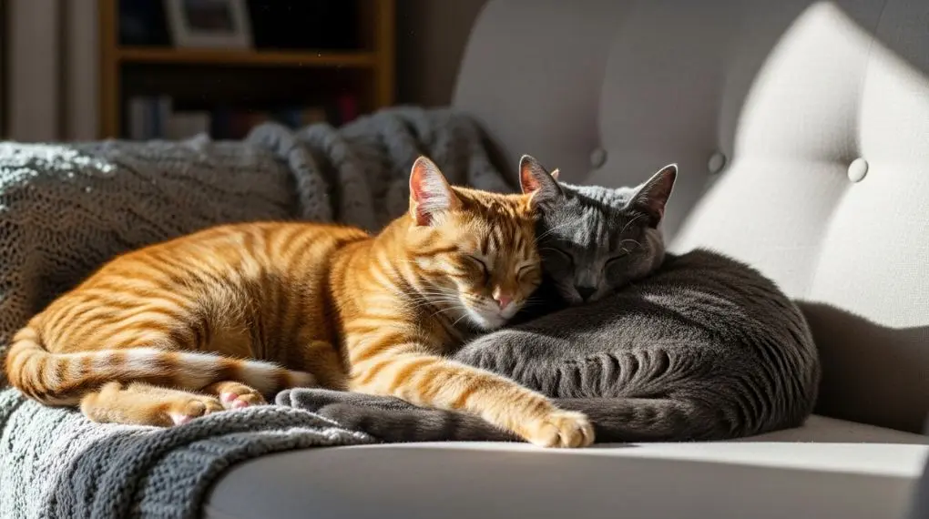 "dois gatos domésticos dormindo juntos no sofá de forma saudável e tranquila"