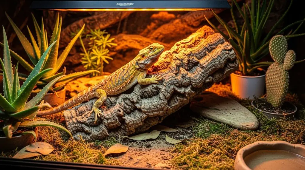 "dragão barbudo fazendo basking sobre cortiça em terrário bioativo com plantas haworthia ao redor"