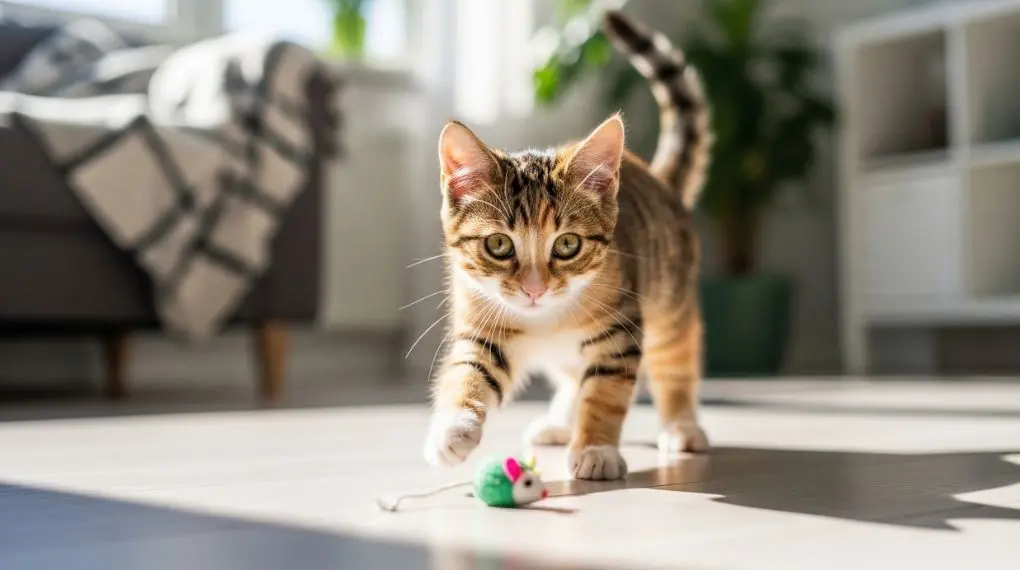 "filhote de gato saudável vacinado brincando com brinquedo com olhos alertas e brilhantes"
