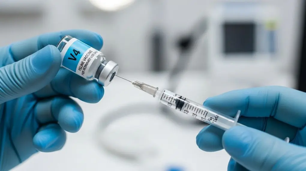 "frasco de vacina V4 felina sendo preparado com seringa em clínica veterinária com mãos enluvadas" 