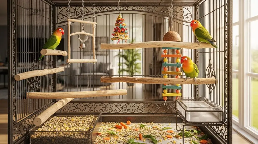 "gaiola espaçosa para agapornis com vários poleiros brinquedos e área de forrageamento"