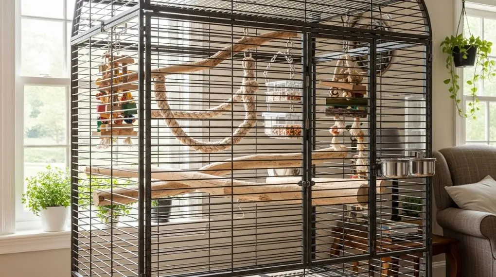 "gaiola grande para papagaio com barras horizontais poleiros grossos brinquedos de forrageamento e potes de comida" 