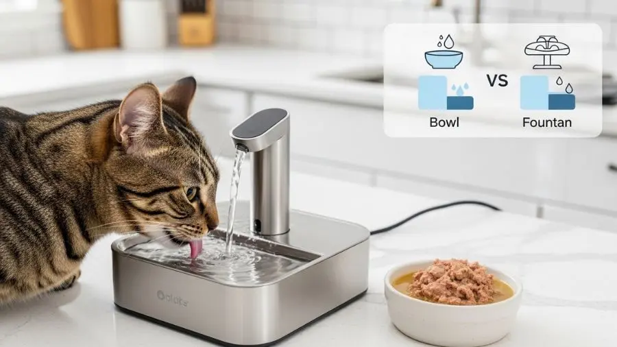 "gato bebendo água de bebedouro próximo a tigela com ração úmida demonstrando comportamento de hidratação" 