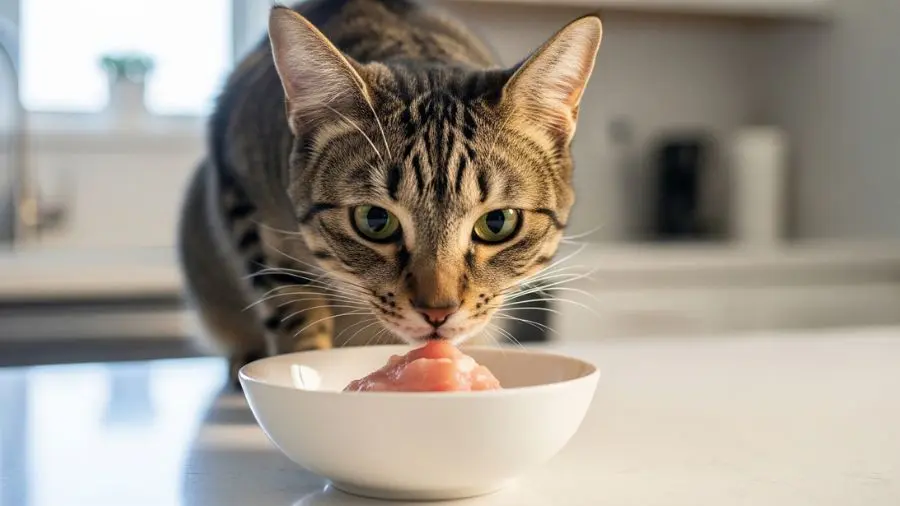"gato farejando pedaço de frango cru com curiosidade em tigela de cerâmica durante transição alimentar" 