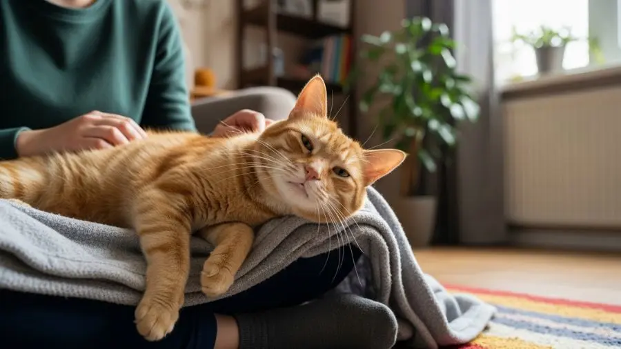 gato letárgico no colo da tutora com aspecto de doença. 