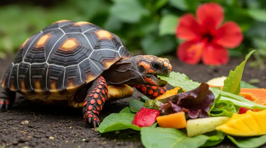 "jabuti piranga comendo folhas verdes e flores de hibisco em jardim ao ar livre"