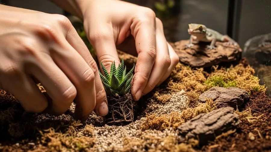 "mãos plantando haworthia pequena em substrato de terrário bioativo misto de areia e terra" 