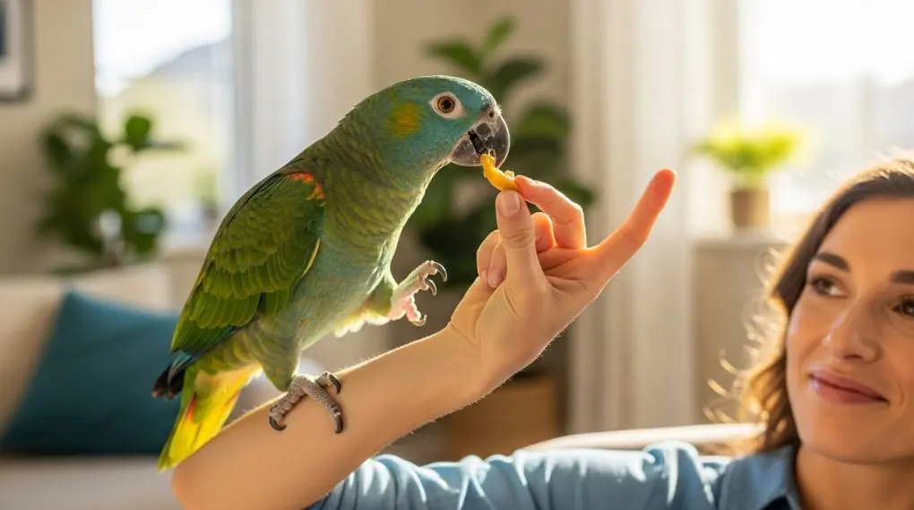 "papagaio amazona interagindo com tutor empoleirado no braço recebendo petisco momento de vínculo"