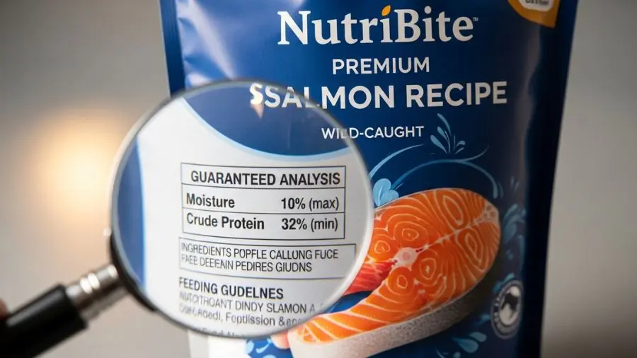 "rótulo de ração com percentual de umidade e proteína em destaque com lupa mostrando informações nutricionais" 