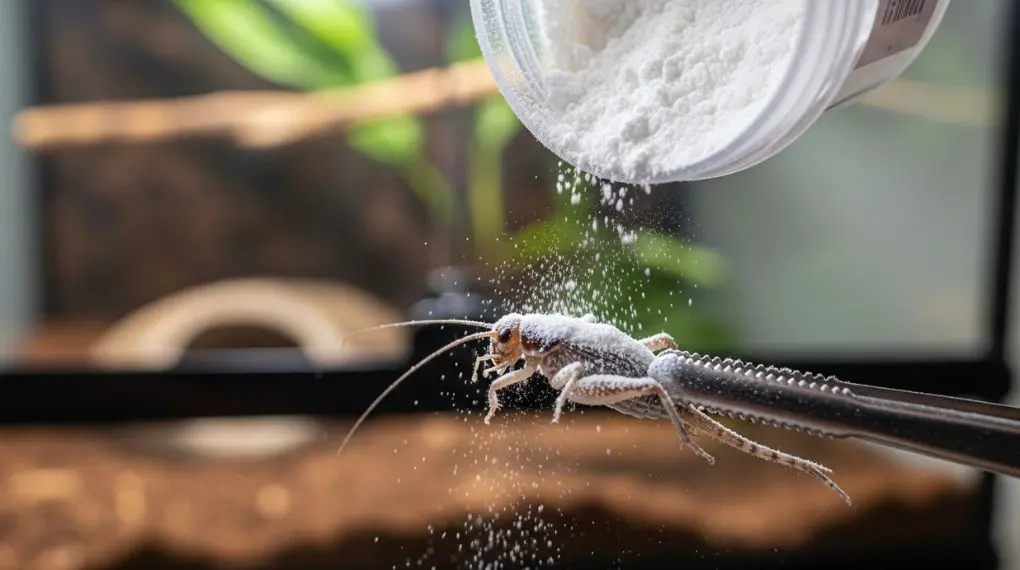 "suplemento de cálcio em pó sendo polvilhado sobre grilo antes da alimentação do gecko leopardo"