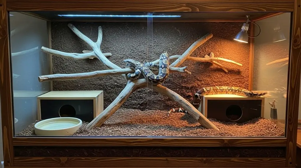 "terrário de madeira grande para boa constrictor com galhos substrato e gradiente de temperatura"