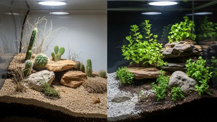 terrário úmido vs seco comparação visual entre os dois tipos 