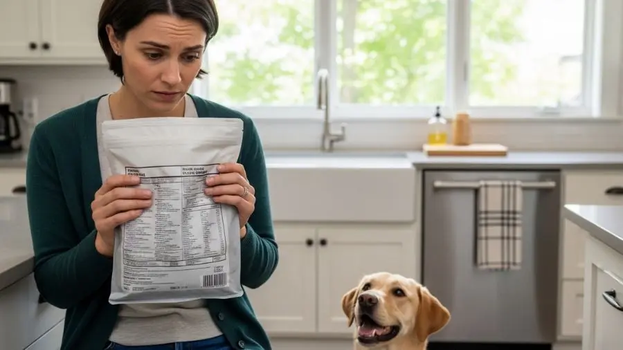 "tutor lendo rótulo de alimento com atenção verificando ingredientes em cozinha"