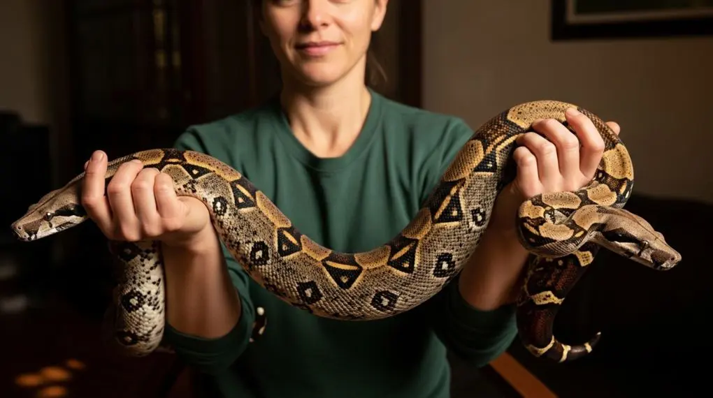 "tutor manejando boa constrictor adulta com as duas mãos de forma segura e tranquila"