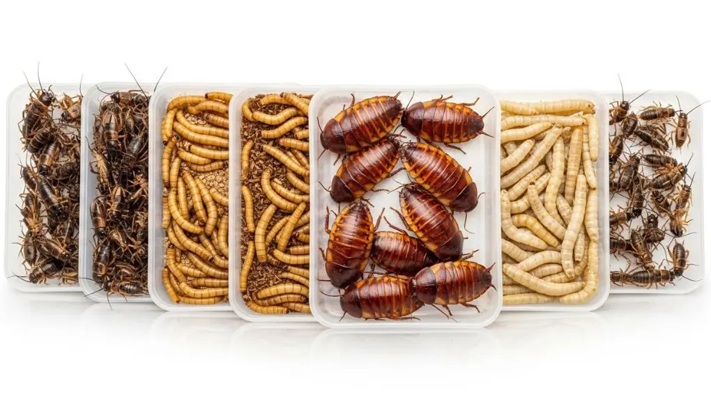 "variedade de insetos alimentadores para gecko leopardo grilos tenébrios barata dubia"