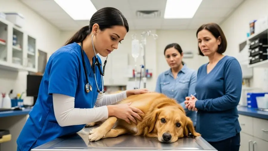 "veterinária examinando cachorro com expressão preocupada em mesa de consulta clínica veterinária"