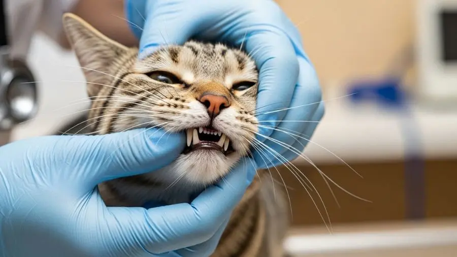 veterinário examinando cor das gengivas de gato para verificar anemia
