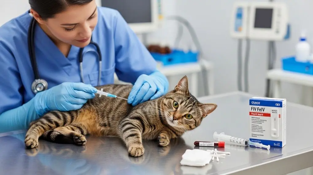 "veterinário realizando teste de sangue em gato para diagnóstico de FIV e FeLV" 
