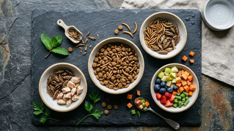 Alimentos para ouriço-pigmeu: ração de gato, larvas de tenébrio, grilos e pedaços de frutas e legumes 