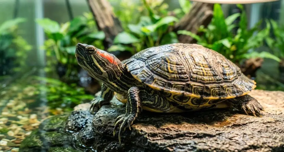 Close-up of a red-eared slider turtle (Trachemys scripta elegans) resting on a basking platform inside a well-set-up aquarium, with clear green water in the background and warm UV lamp lighting from above. The turtle's distinctive red ear markings are clearly visible. Soft natural-style lighting, shallow depth of field, clean and welcoming pet care aesthetic, editorial photography style, 4K.