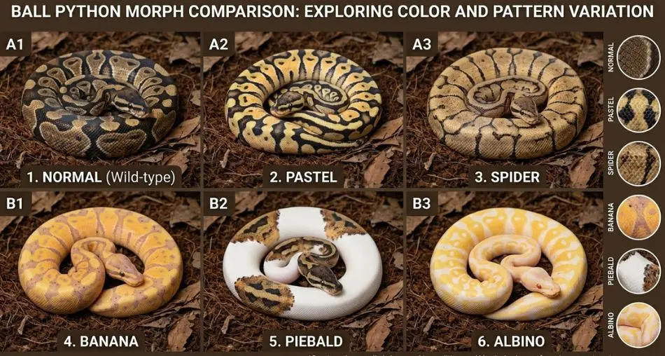 Comparação de morfos: "Seis morfos de píton-bola exibidos em uma disposição em grade — normal, pastel, spider, banana, piebald e albino — cada um em substrato escuro idêntico, iluminação consistente, fotografia de comparação científica, mostrando variação de cor e padrão"