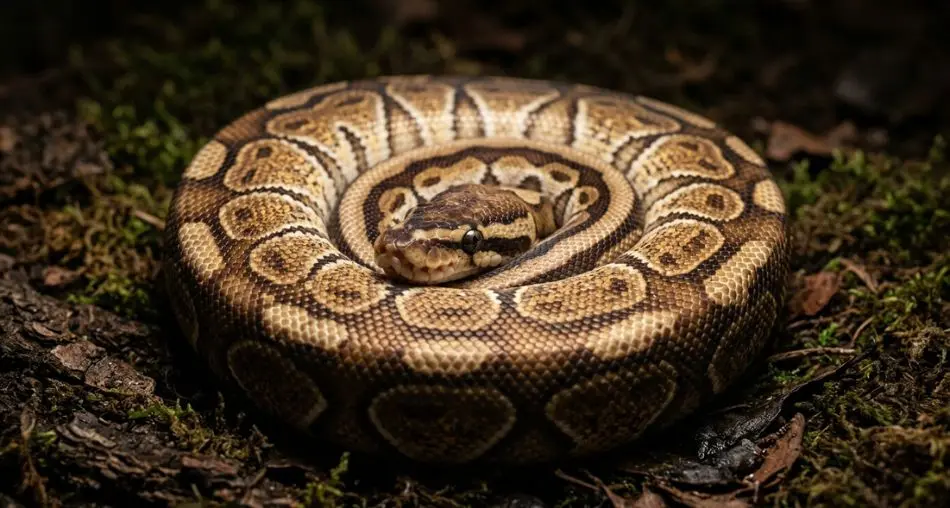 "Fotografia em close-up de uma píton-bola (Python regius) enrolada em espiral perfeita sobre um substrato natural escuro, com iluminação lateral dramática destacando o intrincado padrão das escamas, tons quentes de marrom e creme, pouca profundidade de campo, estilo de fotografia profissional de vida selvagem, 4K"