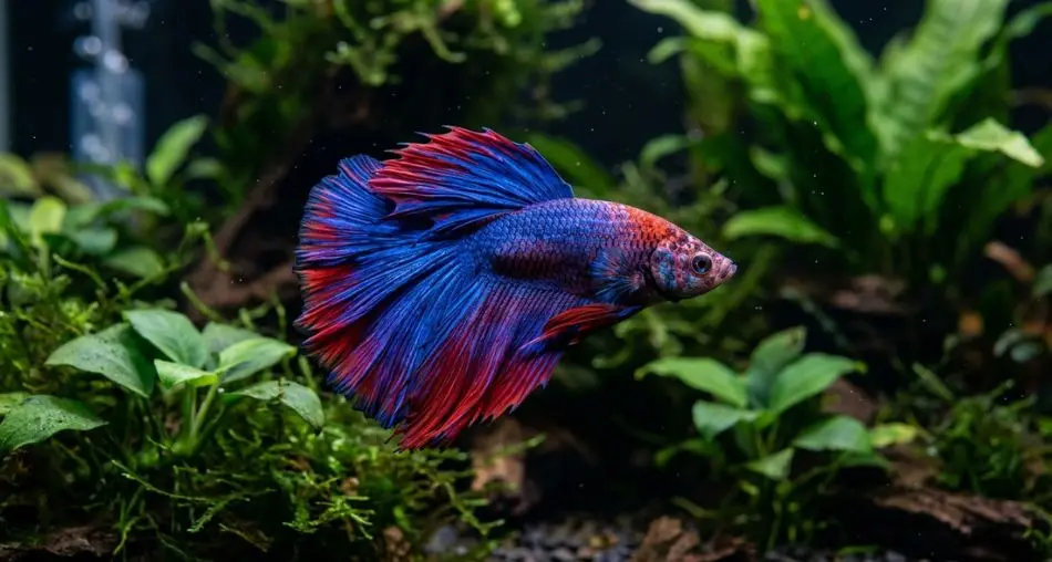 Macro close-up of a vibrant male Betta splendens fish with deep blue and red flowing fins, swimming in a well-planted freshwater aquarium with soft diffused light. Shallow depth of field, dark background, rich saturated colors, professional aquarium photography style, 4K editorial.