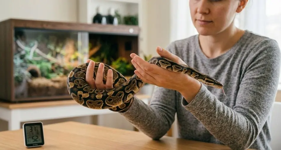  Manuseio correto: "Pessoa segurando cuidadosamente uma píton-bola, a cobra frouxamente drapeada sobre as mãos e antebraços, a píton em posição relaxada (não enrolada), expressão da pessoa calma e atenta, iluminação natural quente, estilo de fotografia educacional"