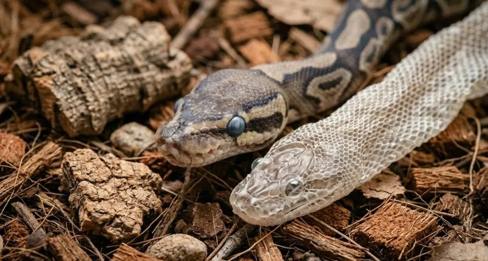 Muda de pele: "Píton-bola em estágio pré-muda opaco, com olhos caracteristicamente azul-acinzentados e pele opaca, ao lado de sua pele completa recém-trocada, estendida mostrando a estrutura interna, fundo de substrato natural, fotografia de detalhes macro"