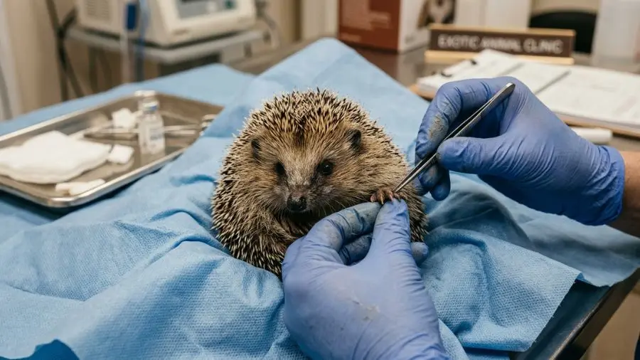 Ouriço-pigmeu sendo examinado por veterinário especialista em animais exóticos
