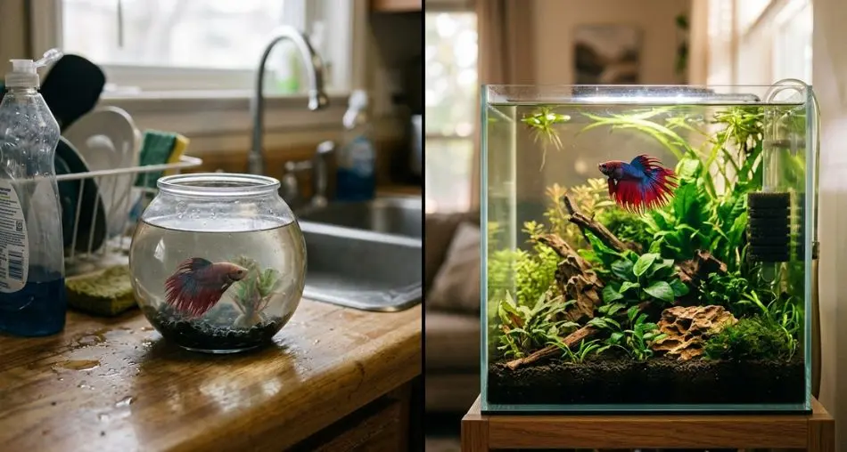 Side-by-side comparison: on the left, a sad Betta in a tiny glass jar on a kitchen counter; on the right, the same type of fish thriving in a lush planted aquarium with warm lighting — editorial pet photography, soft natural tones, 4K.