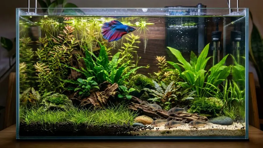 Side view of a well-planted 40-liter community aquarium with a single male Betta swimming near the top, and small Corydoras catfish at the bottom, peaceful coexistence, soft aquarium lighting, 4K.