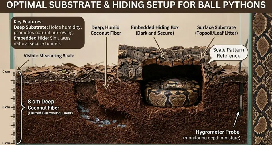 Substrato e esconderijo: "Vista em corte transversal da configuração ideal de substrato para píton-bola, mostrando 8 cm de profundidade de fibra de coco, caixa de esconderijo embutida no substrato, escala de medição visível, estilo de fotografia infográfica educacional, tons naturais"
