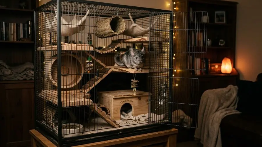 Tall multi-level wire cage for chinchilla with wooden platforms, cozy dark room setup, natural wood accessories, interior pet photography