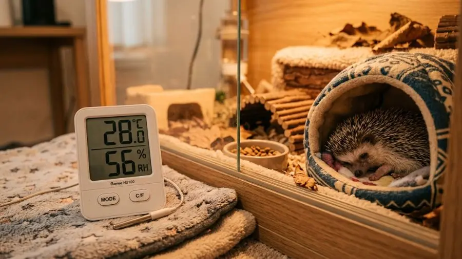 Termômetro digital marcando 28°C posicionado próximo à gaiola de ouriço 