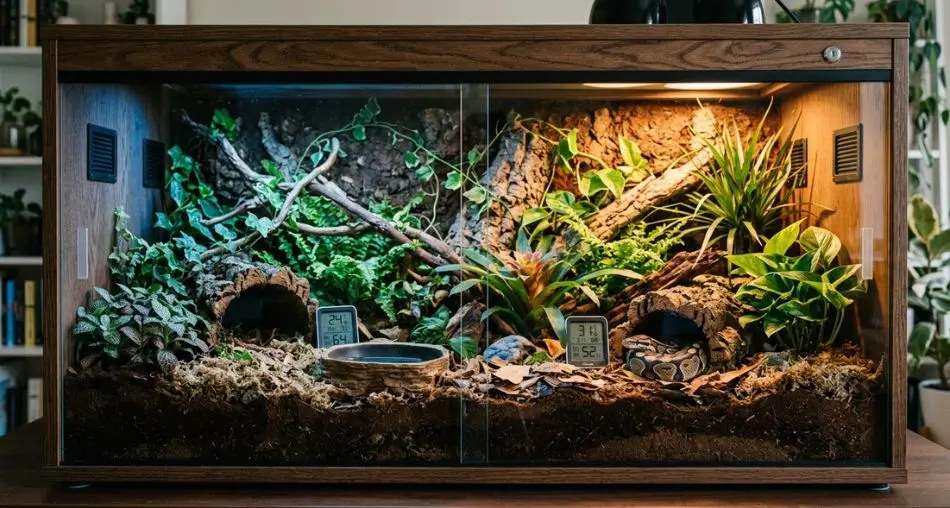 Terrário completo: "Um terrário bem decorado para píton-bola com configuração naturalista, recinto de madeira com frente de vidro, gradiente de temperatura visível com esconderijo quente à direita, esconderijo frio à esquerda, substrato profundo de fibra de coco, plantas vivas, iluminação âmbar quente no lado quente, iluminação azul-fria no lado frio, fotografia profissional de terrário"