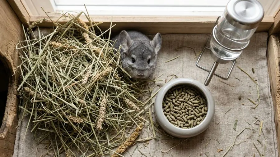 Timothy hay pile next to small pellet bowl and metal water bottle, chinchilla peeking from behind, flat lay, soft natural lighting