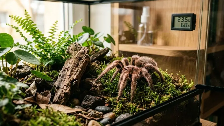 Uma tarântula peluda e bonita da espécie Grammostola rosea descansando dentro de um terrário de vidro naturalista, com musgo, pedras, um tronco e plantas tropicais. Iluminação quente e suave realçando a textura do pelo marrom e rosado da aranha. Ao fundo, desfocados, um borrifador e um termômetro sobre uma prateleira de madeira. Clima aconchegante e educativo, estilo revista de natureza, fotorrealista.