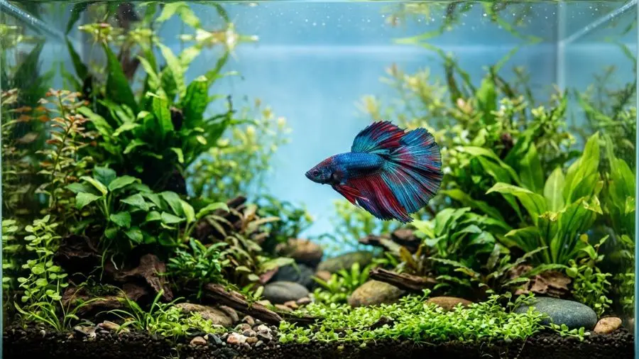 Wide shot of a vibrant male Betta splendens fish swimming gracefully in a planted freshwater aquarium, soft blue background water, natural aquarium lighting, editorial pet photography, 4K.