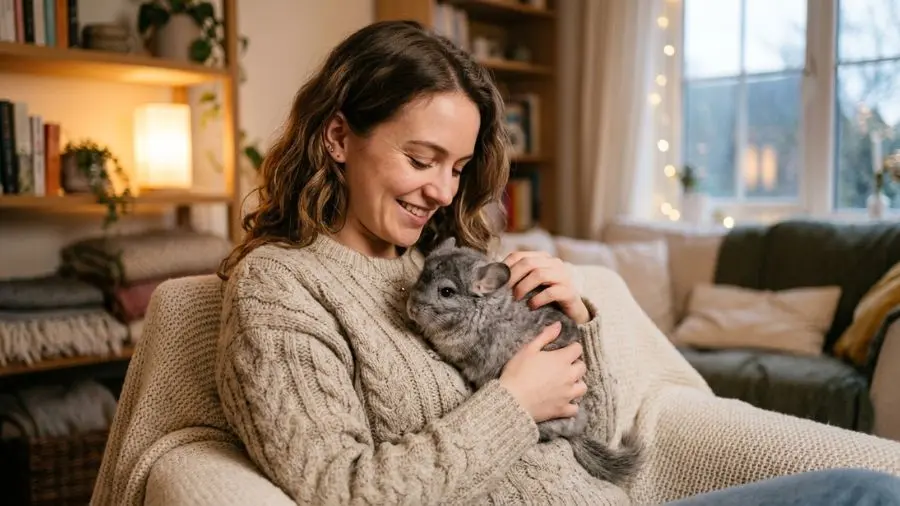 Woman in a cozy air-conditioned room gently holding a fluffy chinchilla against her chest, warm indoor lighting, emotional portrait