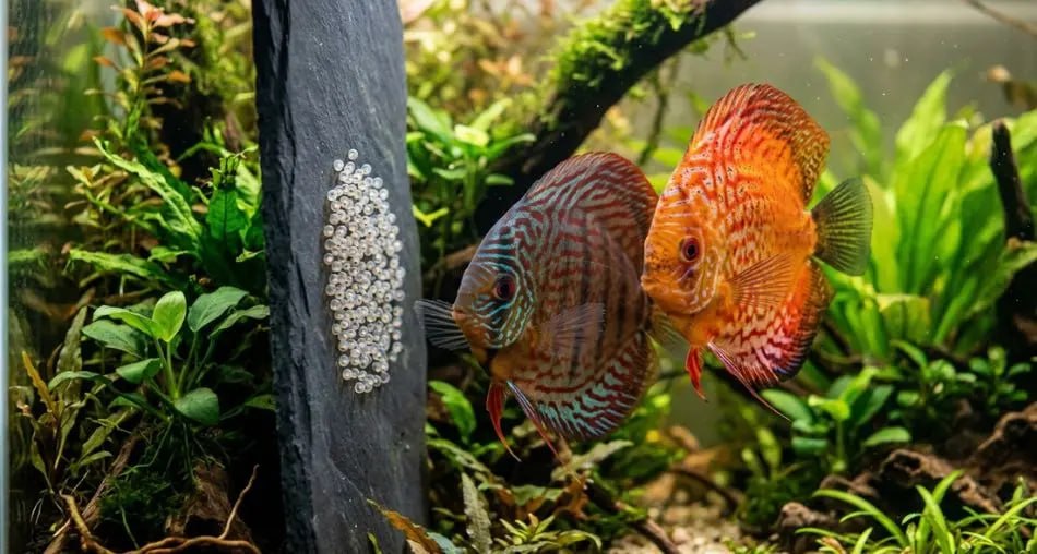 Casal de acara-disco Symphysodon discus nadando em aquario plantado com cores vibrantes azul e vermelho