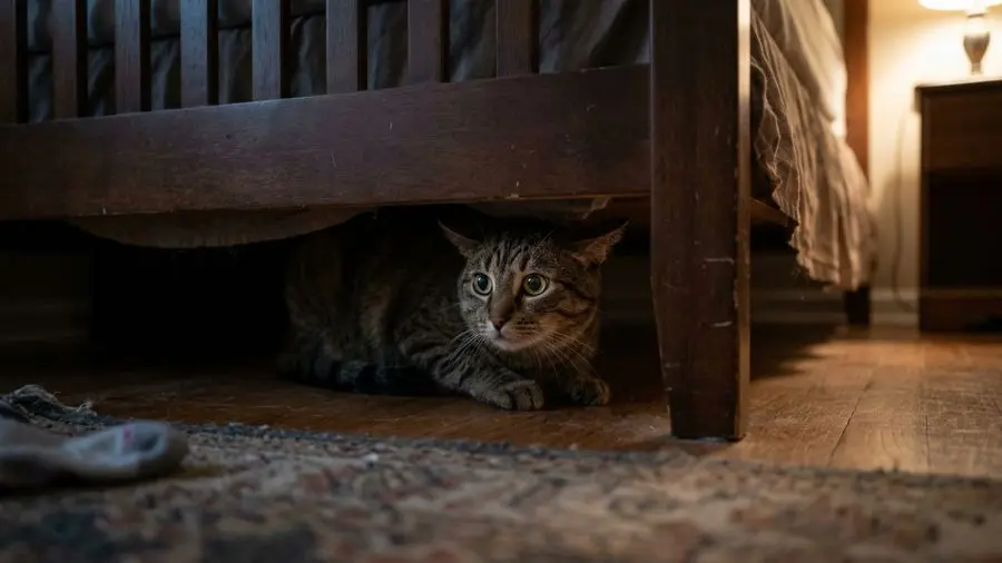 "gato escondido embaixo da cama com olhos arregalados postura baixa e orelhas levemente para trás sinalizando estresse"