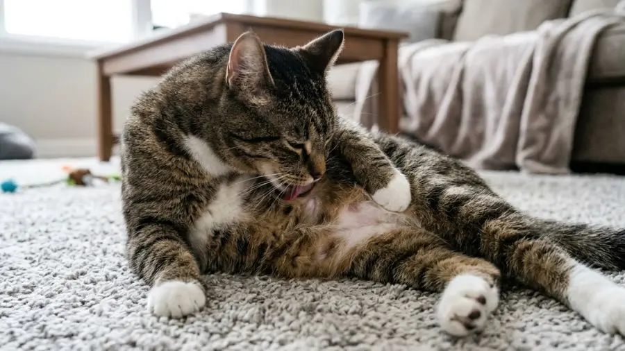 gato fazendo grooming excessivo na barriga com lambidas concentradas em uma área e pelagem rarefeita sinalizando estresse psicogênico 