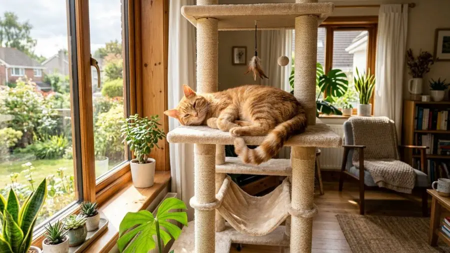 gato feliz em arranhador alto próximo à janela com postura relaxada cauda enrolada em ambiente doméstico enriquecido com luz solar