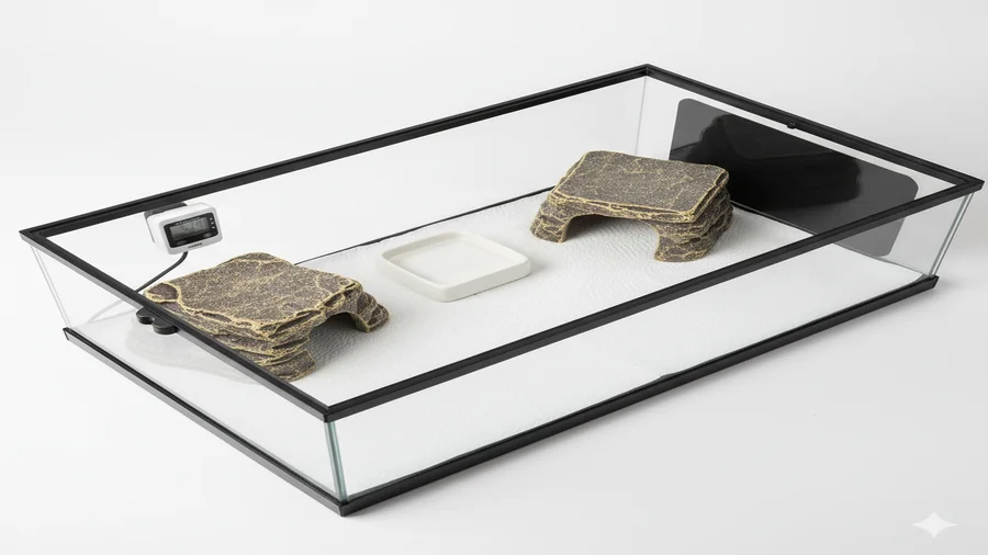 Kit completo para gecko leopardo: terrário, termostato, tapete térmico, esconderijos e comedouro