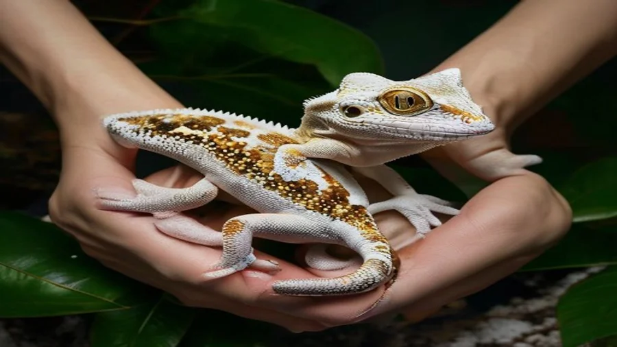Manuseio correto do gecko leopardo — segurando pela barriga com as duas mãos