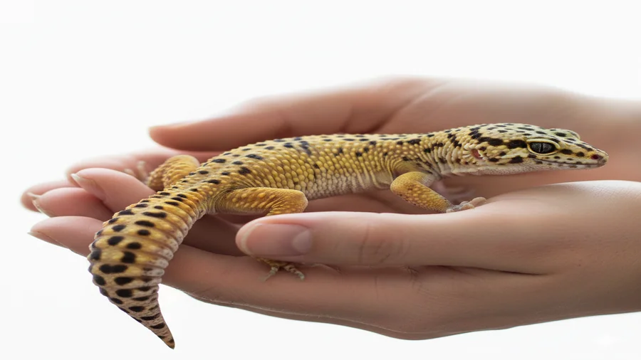 Manuseio correto do gecko leopardo — segurando pela barriga com as duas mãos
