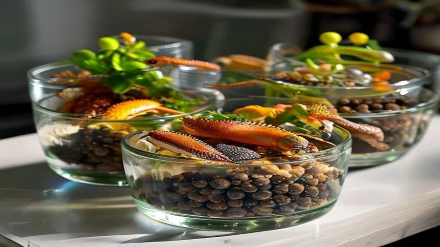 Grilos e tenébrios em potes transparentes com suplemento de cálcio para alimentação do gecko leopardo