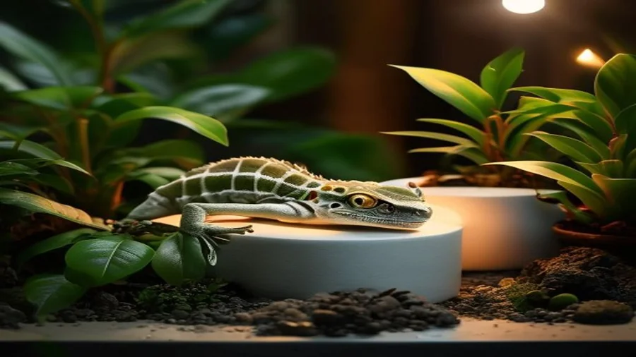 Gecko leopardo saudável em terrário bem montado com esconderijos, plantas e gradiente térmico correto